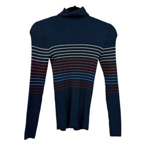 Title Nine XS Ribbed Knit Turtleneck Ski Sweater Blue Striped Long Sleeve Pullov